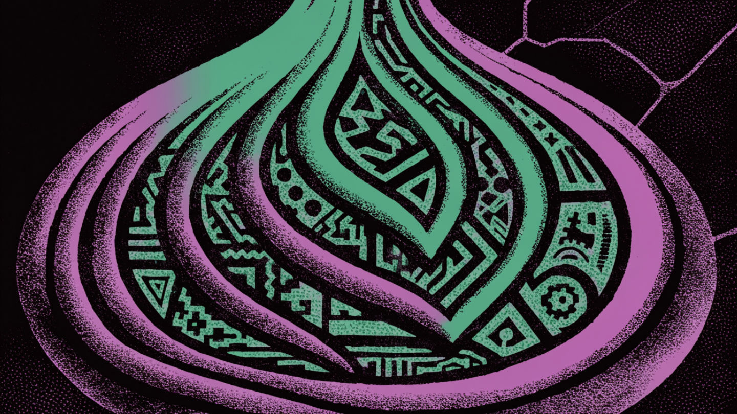 A stylized onion surrounded by digital encryption symbols and patterns.