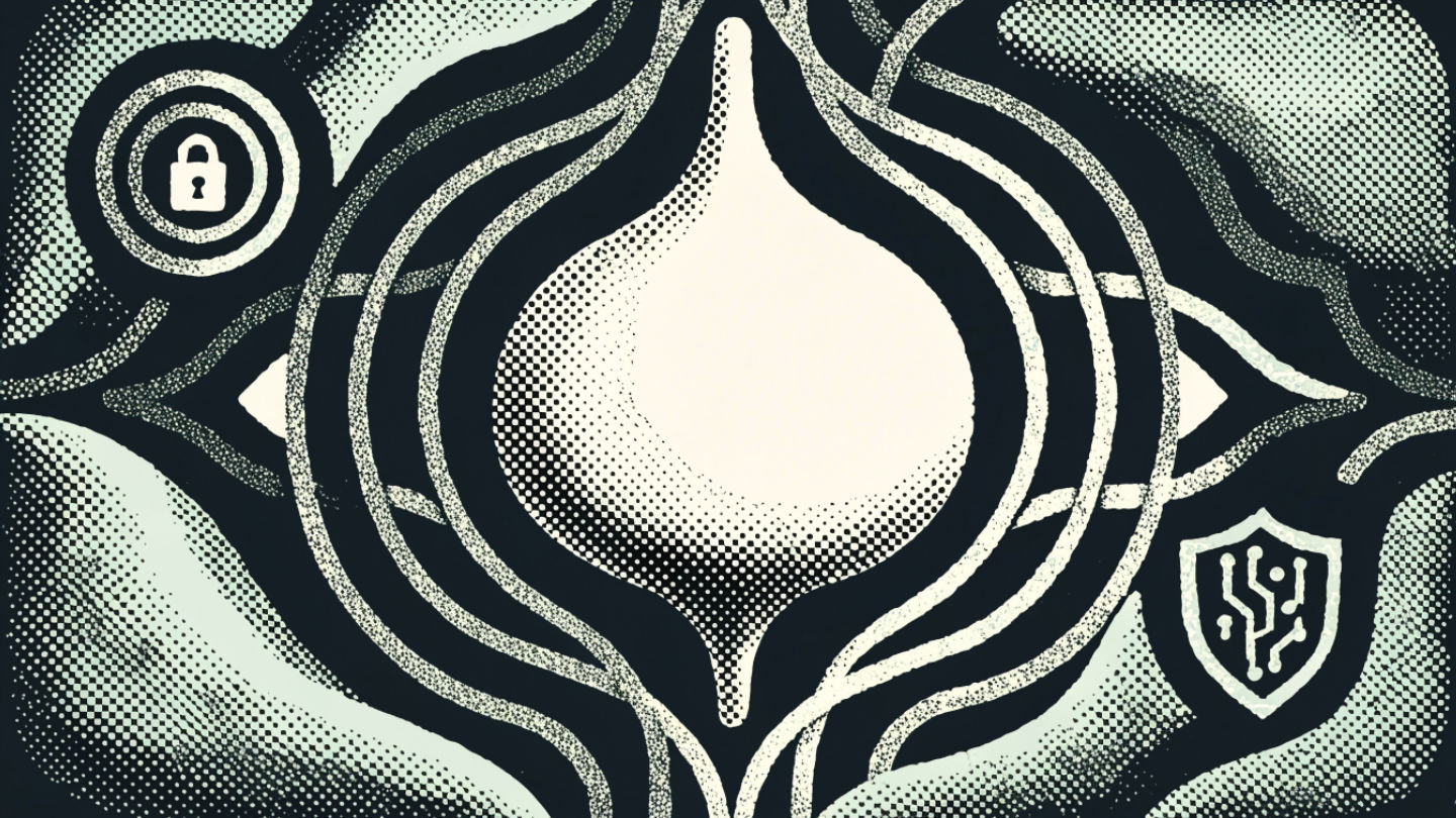 A stylized onion shape surrounded by security symbols in a network.