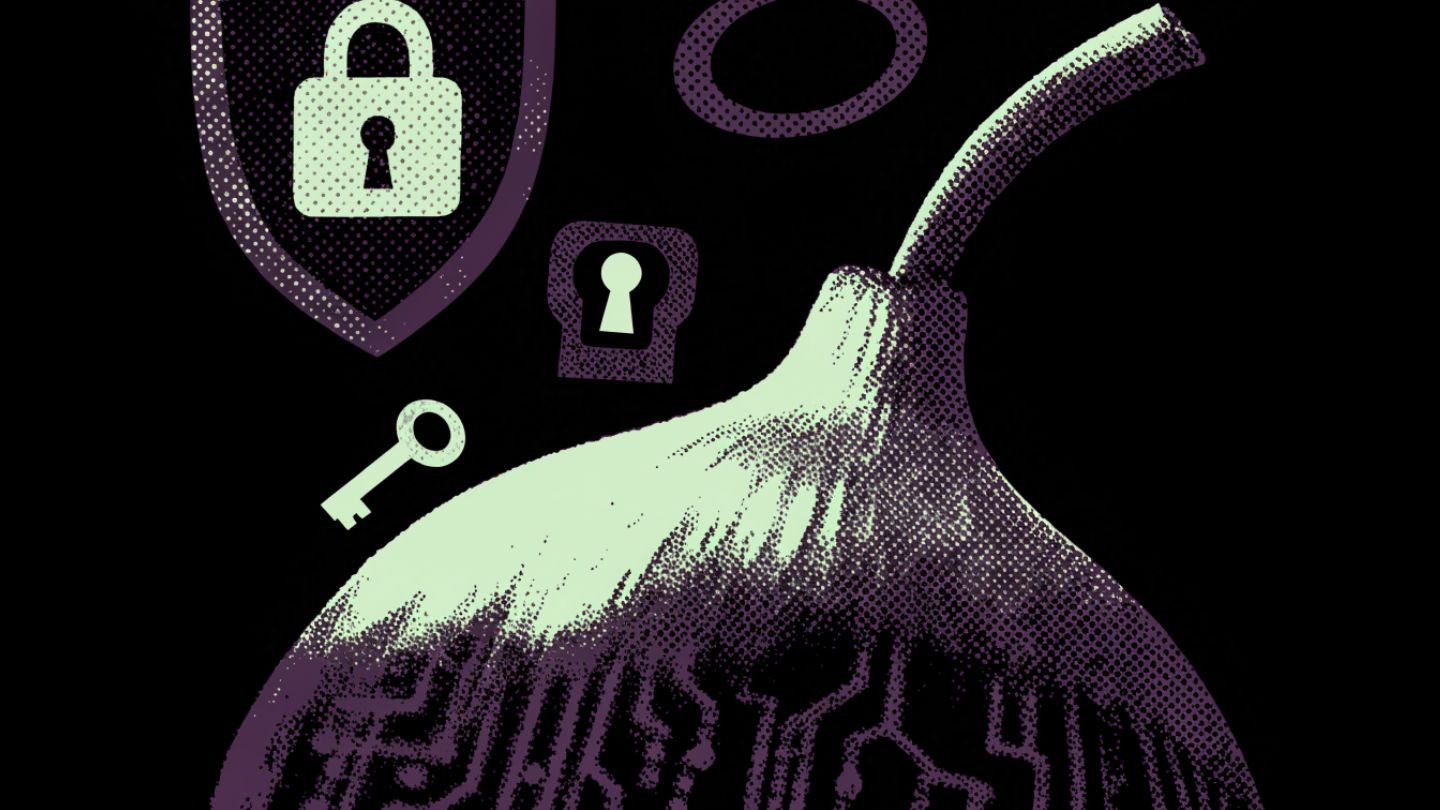 An onion bulb surrounded by security symbols and icons representing v3 onion services.