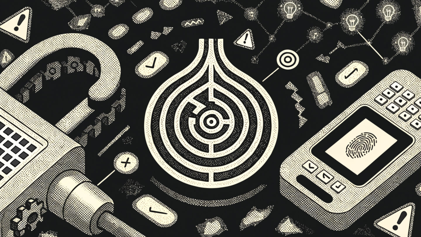 An onion symbol surrounded by security tools and phishing alerts.